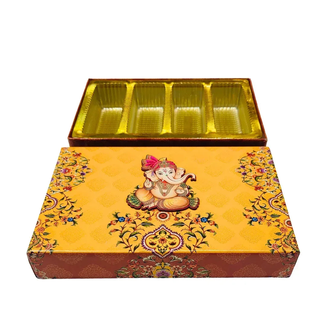 Ganesh Chaturthi Yellow Sweet Box with 4 Compartments – Premium Gift Packaging | Grownex Packaging | Sweet Box