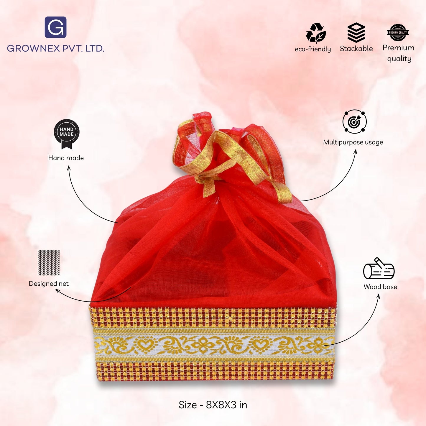 Decorated With Shinny Lace Red Gift Hamper Basket | Grownex Packaging | Basket & Tray