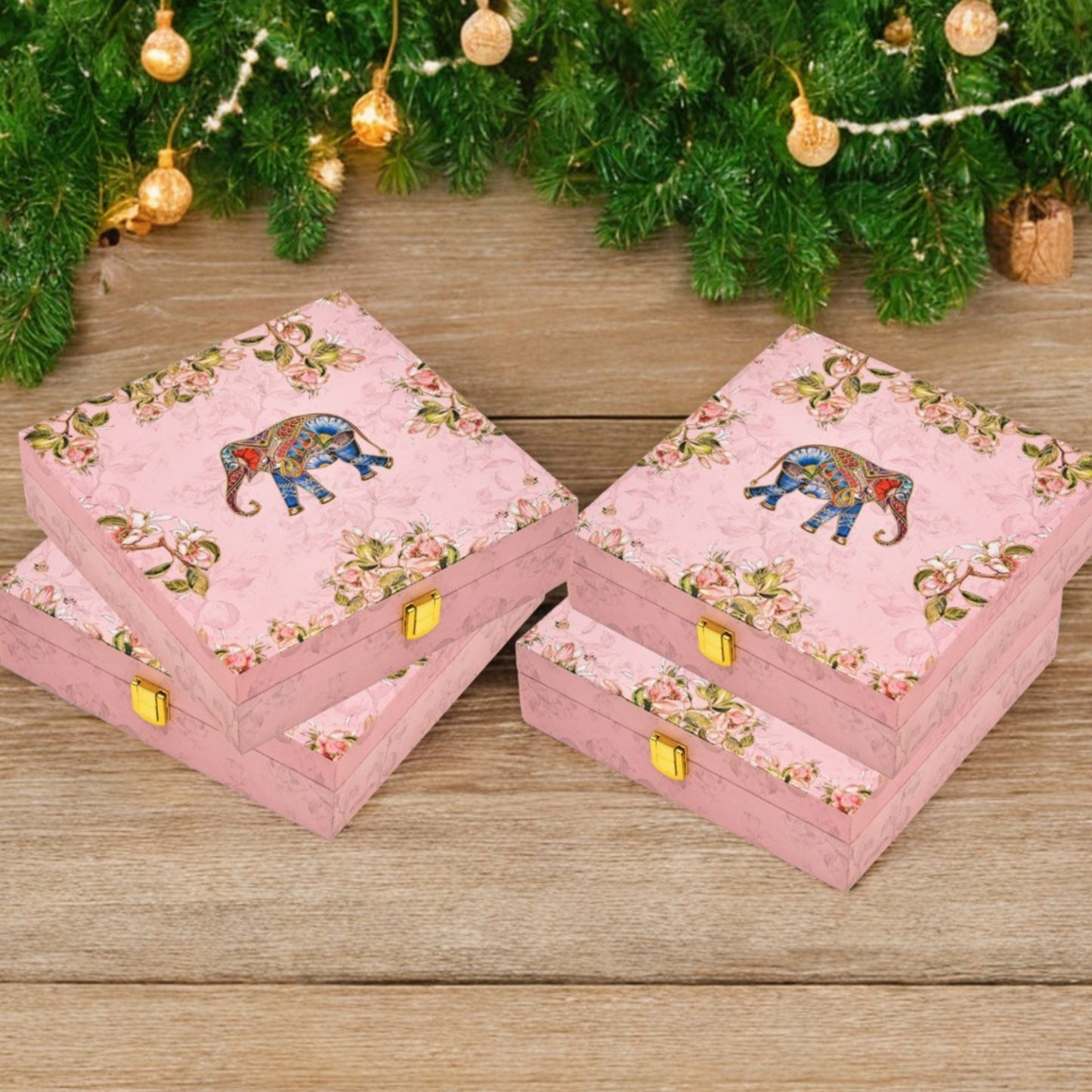 Elephant Foil Print Wooden Premium Hamper Box