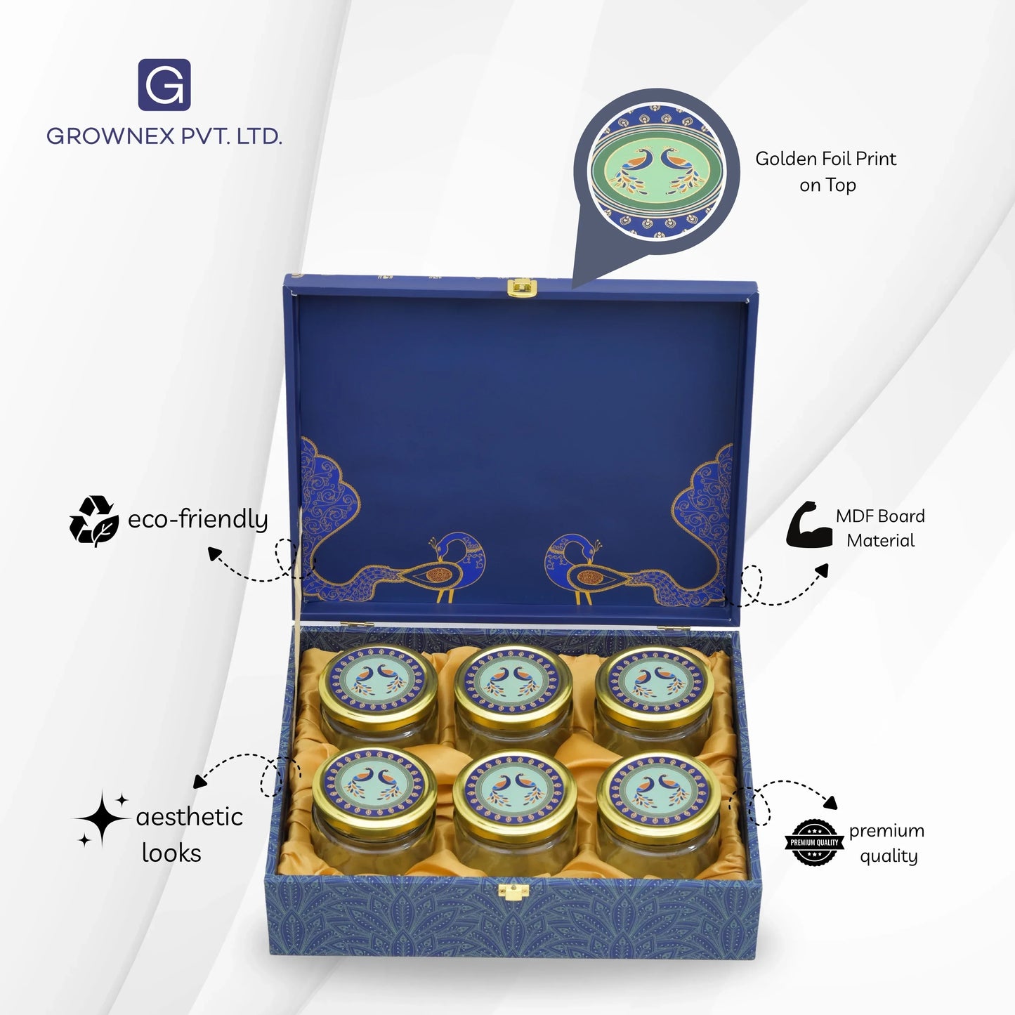 Dry Fruit Gift Hamper in Premium Wooden Box With 6 Jar Blue Peacock Print | Grownex Packaging | wooden box