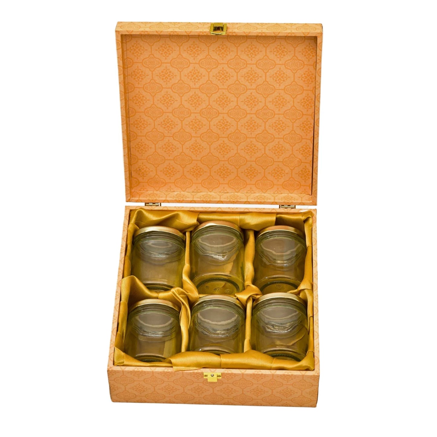 Premium 6 Glass Jars Diwali Gift Box with Multicolor Design – Festive Packaging for Sweets, Dry Fruits & Gifts | Grownex Packaging | wooden box