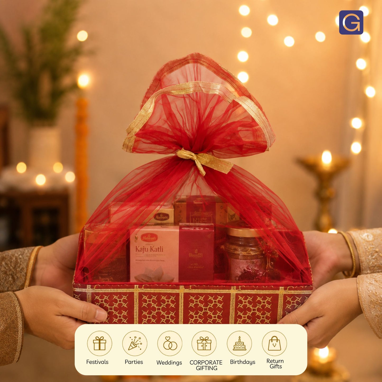 Gold Embroidery Cherry Red Net Hamper Basket - Packaging Presentation | Grownex Packaging