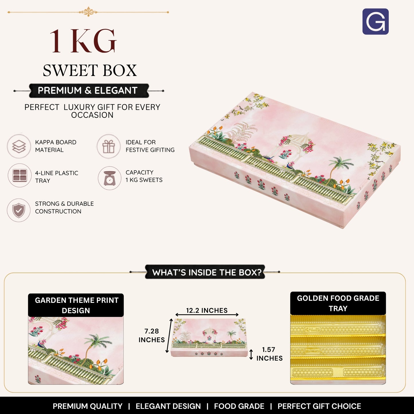 1 Kg Garden Theme Print Premium Sweet Box with 4 Line Plastic Tray | Kappa Board Mithai Box