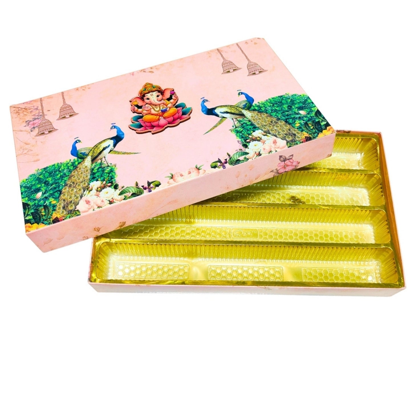 Pink Ganpati 4 Line Gift Box with Peacock Design – Festive Elegance | Grownex Packaging | Sweet Box