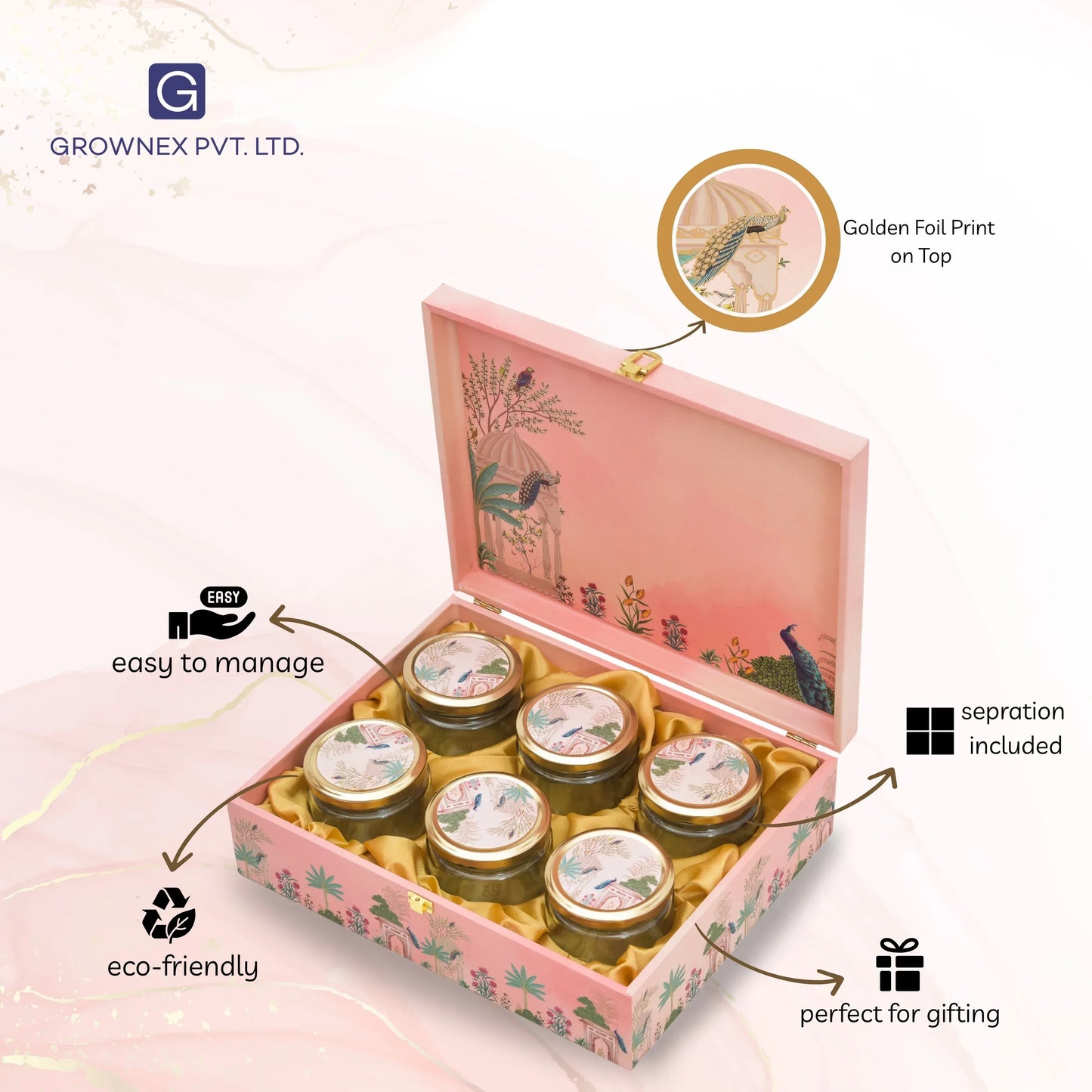 6 Jar Pink Peacock Print Wooden Dry Fruit Gift Box For Festival Gifting | Grownex Packaging | wooden box