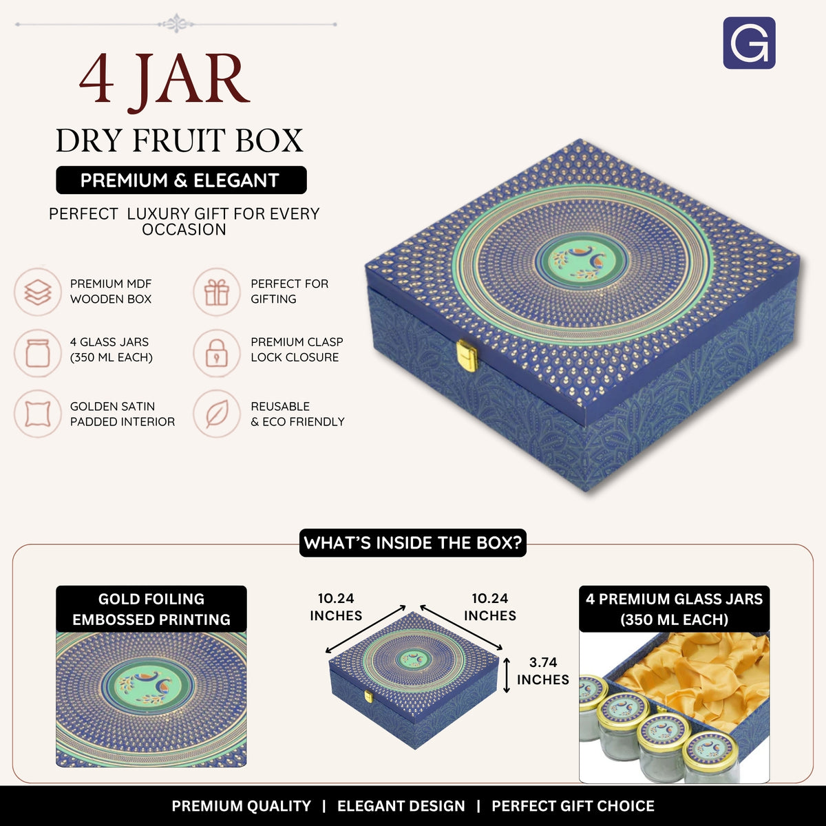 Blue Peacock Print Diwali Hamper Box - Side View