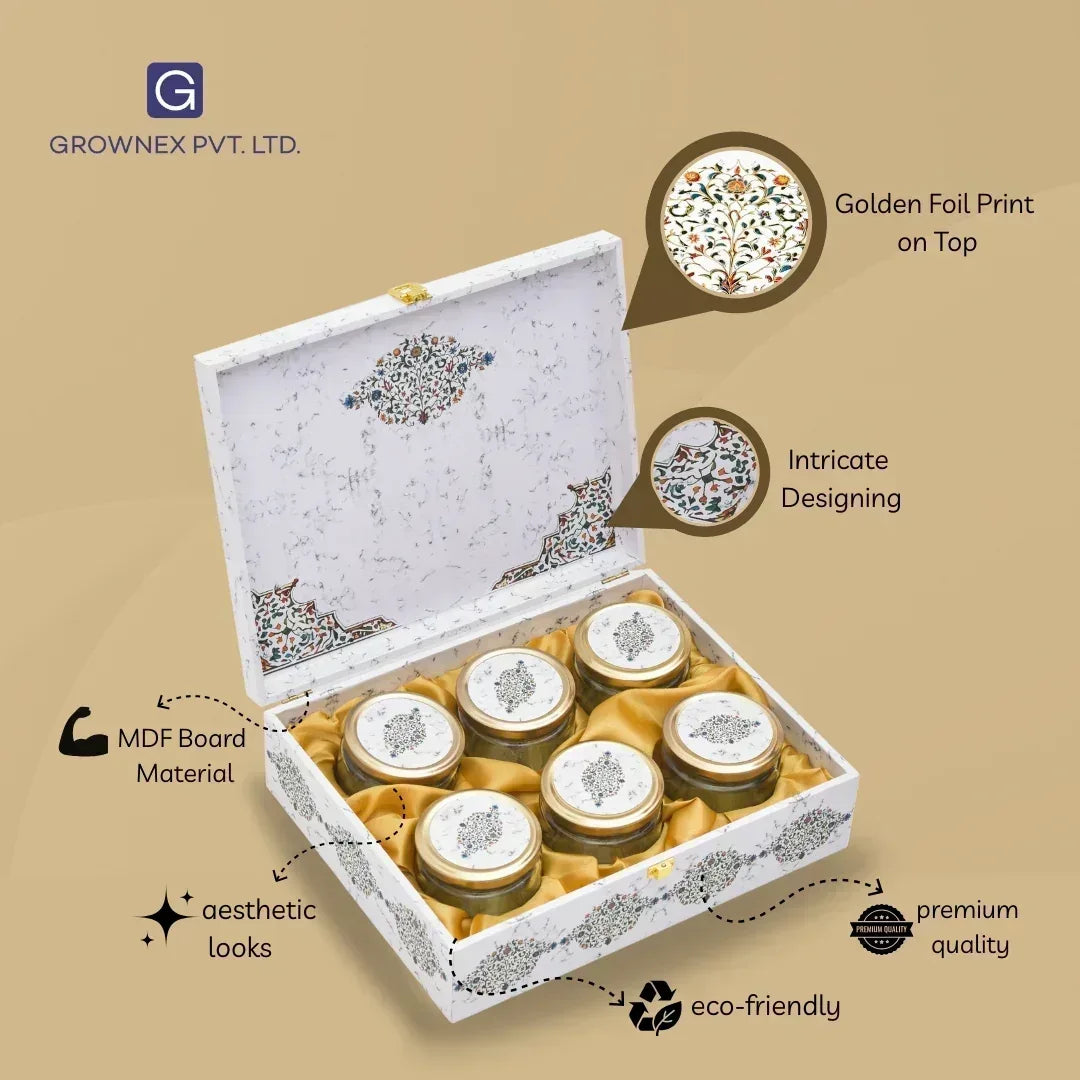 Luxury 6 Jar White Marble Wooden Gift Box | Premium Diwali Dry Fruit Packaging | Grownex Packaging | wooden box