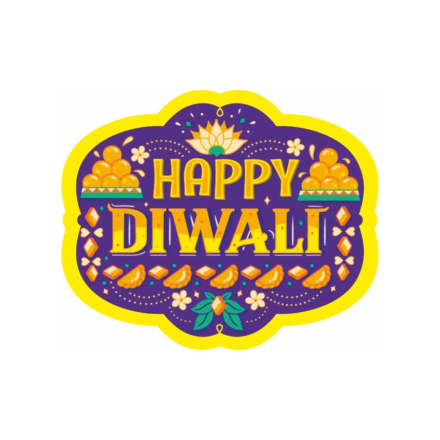 Happy Diwali Sticker – Festive Sweets, Lotus & Motifs (Purple Yellow) | Grownex Packaging | Tags & Stickers
