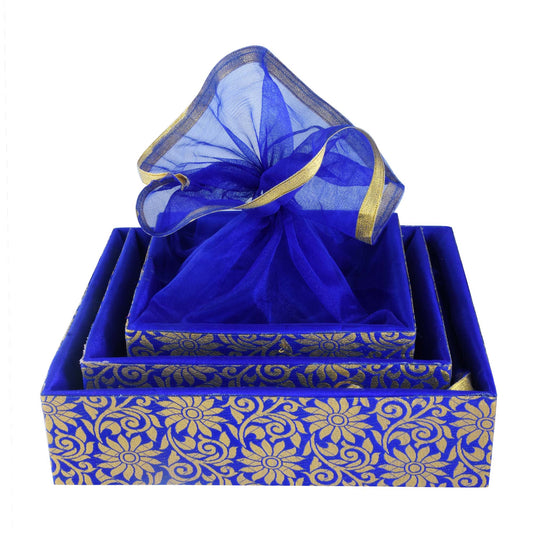 Set of 3 Luxury Wooden Gift Basket for Festive Corporate Hampers -Floral Blue | Grownex Packaging | Basket & Tray