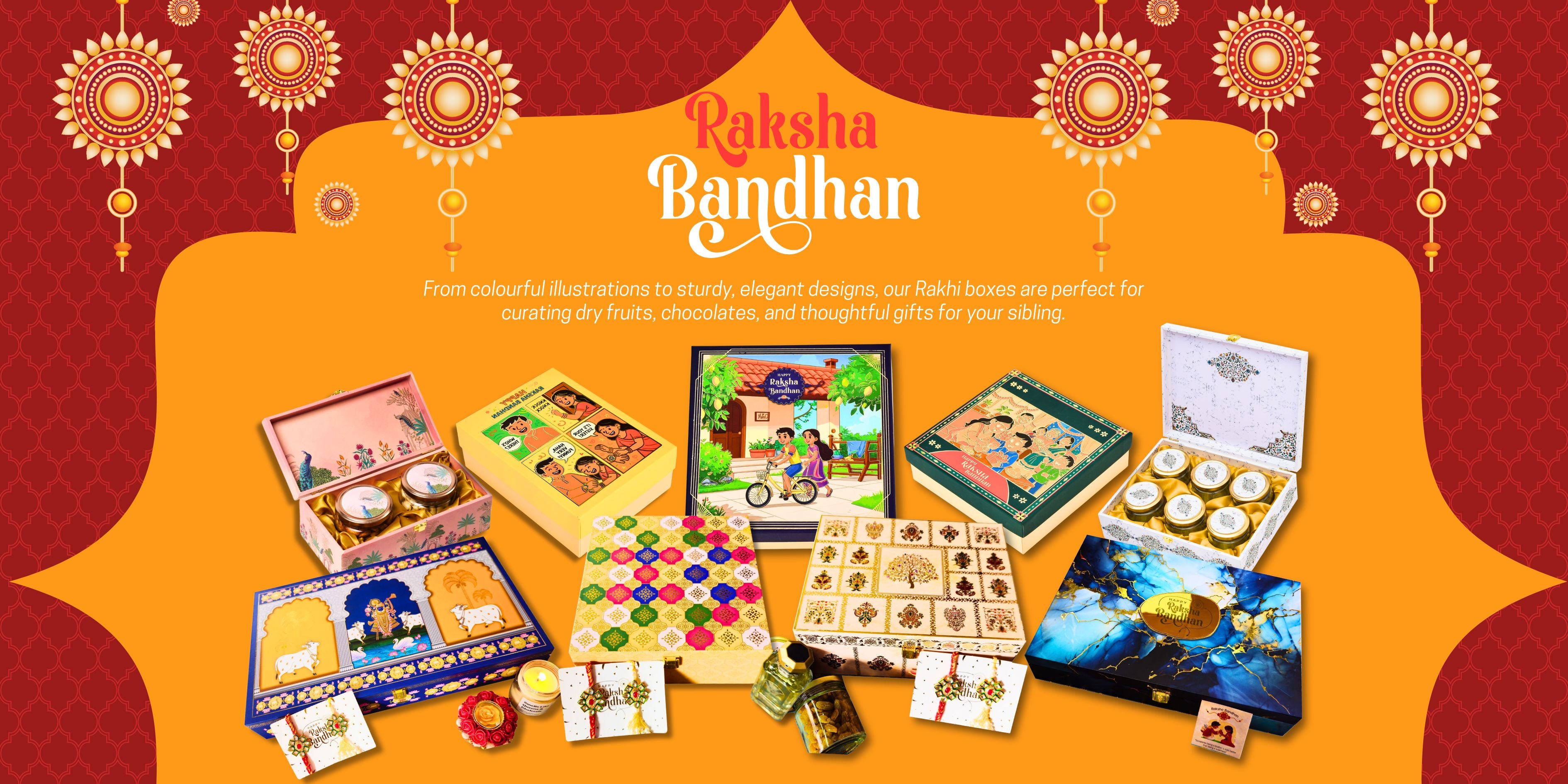 Raksha Bandhan gift set with various items on a decorative background