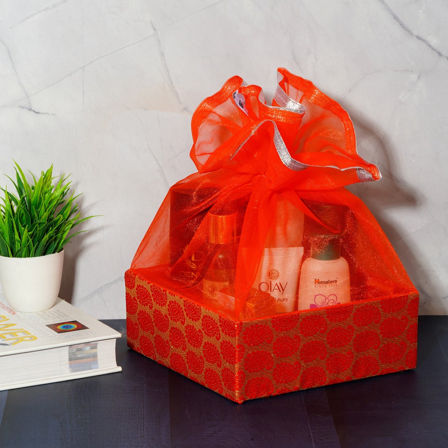 Floral Orange Wooden Basket For Festive Gifting | Grownex Packaging | Basket & Tray