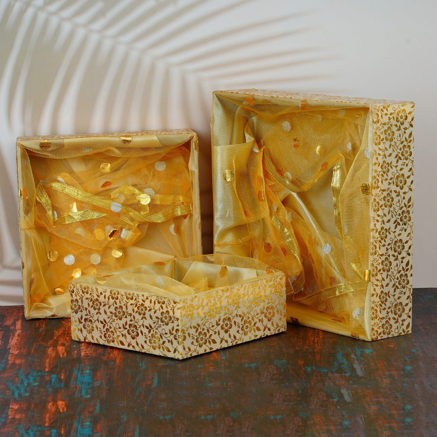 Set of 3 Floral Gold Handcrafted Wooden Basket – Perfect for Corporate Celebrations | Grownex Packaging | Basket & Tray