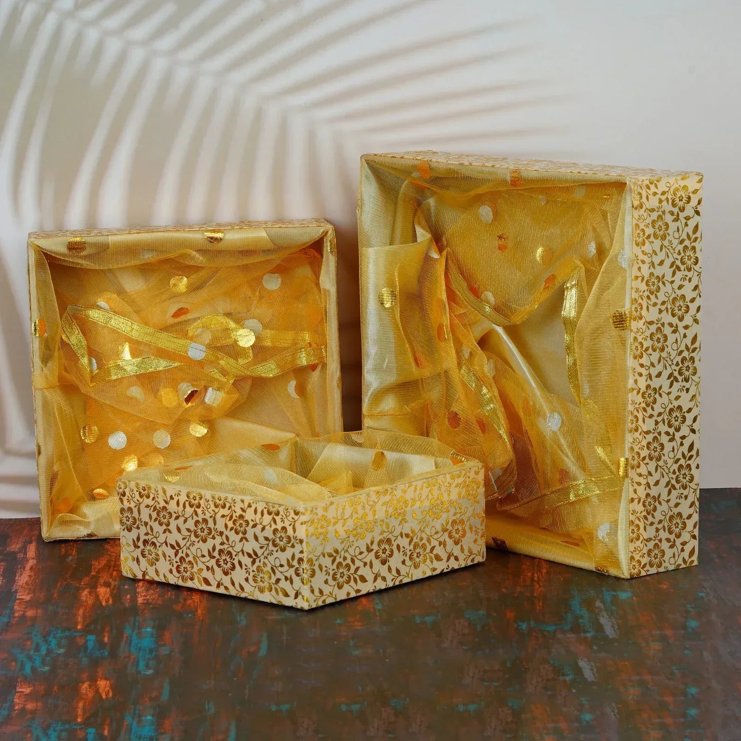 Set of 3 Floral Gold Handcrafted Wooden Basket – Perfect for Corporate Celebrations | Grownex Packaging | Basket & Tray