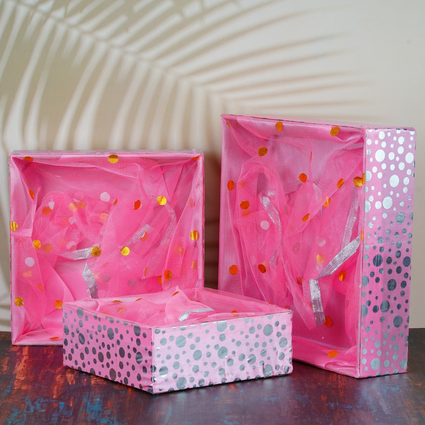 Set of 3 Polka Pink Wooden Basket | Grownex Packaging | Basket & Tray