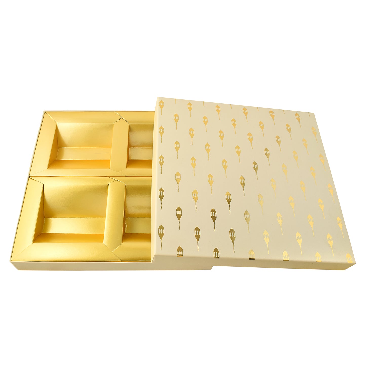Off-White Square Dry Fruit Folding Box – 4-Compartment Foil Print | Grownex Packaging | Dry Fruit Box