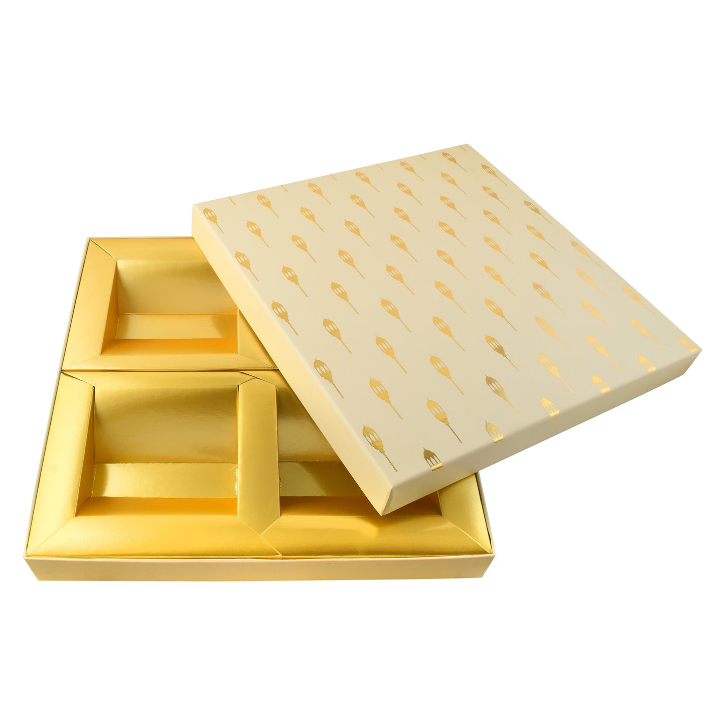 Off-White Square Dry Fruit Folding Box – 4-Compartment Foil Print | Grownex Packaging | Dry Fruit Box