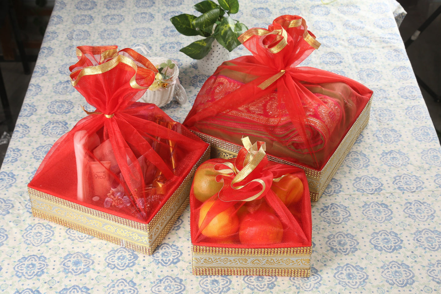 Decorated With Shinny Lace Red Gift Hamper Basket | Grownex Packaging | Basket & Tray