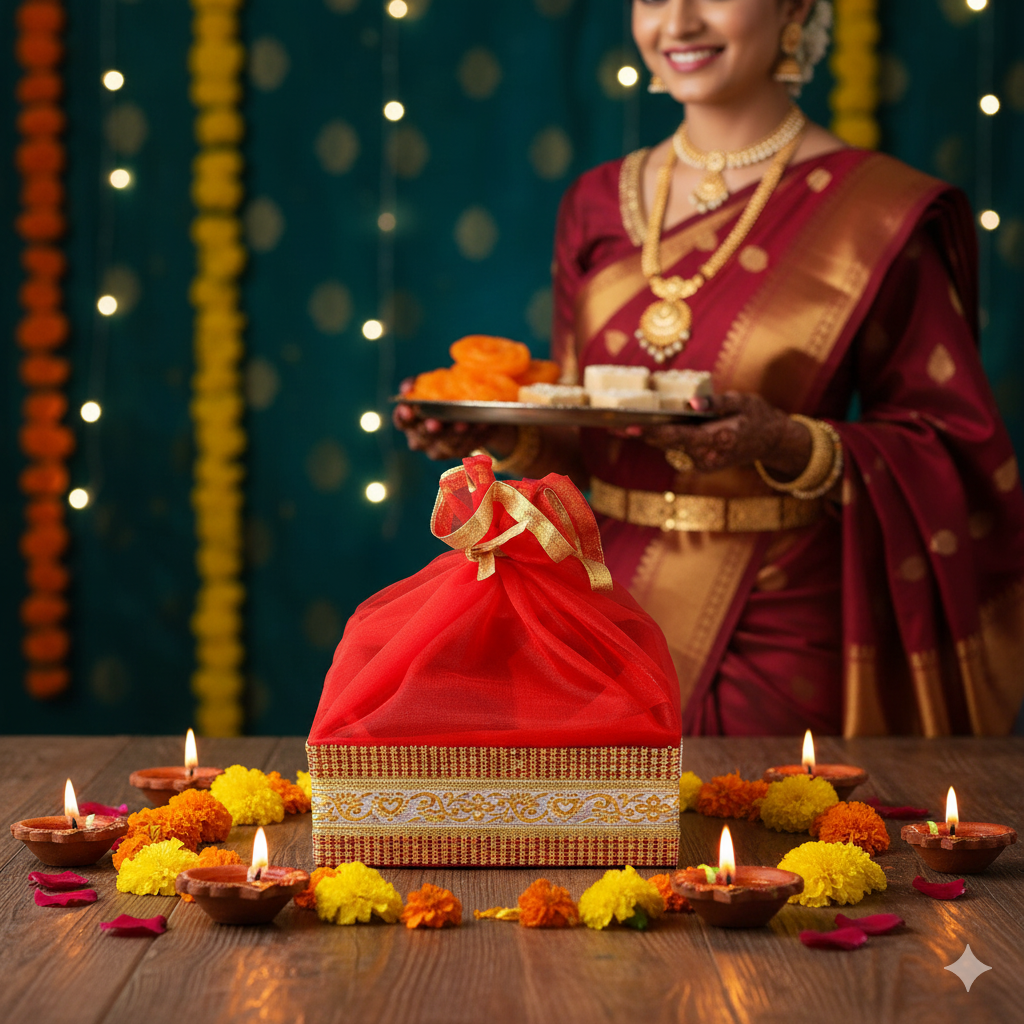 Decorated With Shinny Lace Red Gift Hamper Basket | Grownex Packaging | Basket & Tray