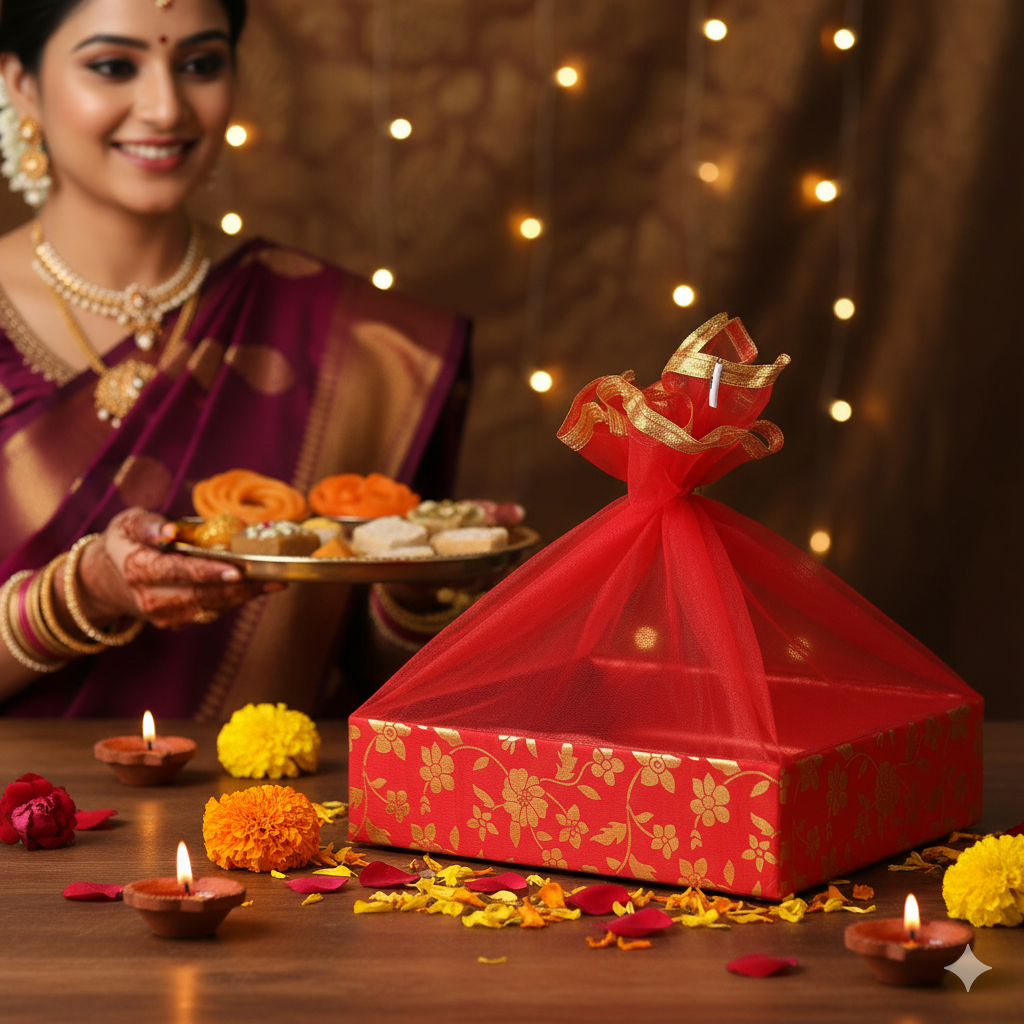 Floral Print Red Gift Hamper Basket | Grownex Packaging | Basket & Tray