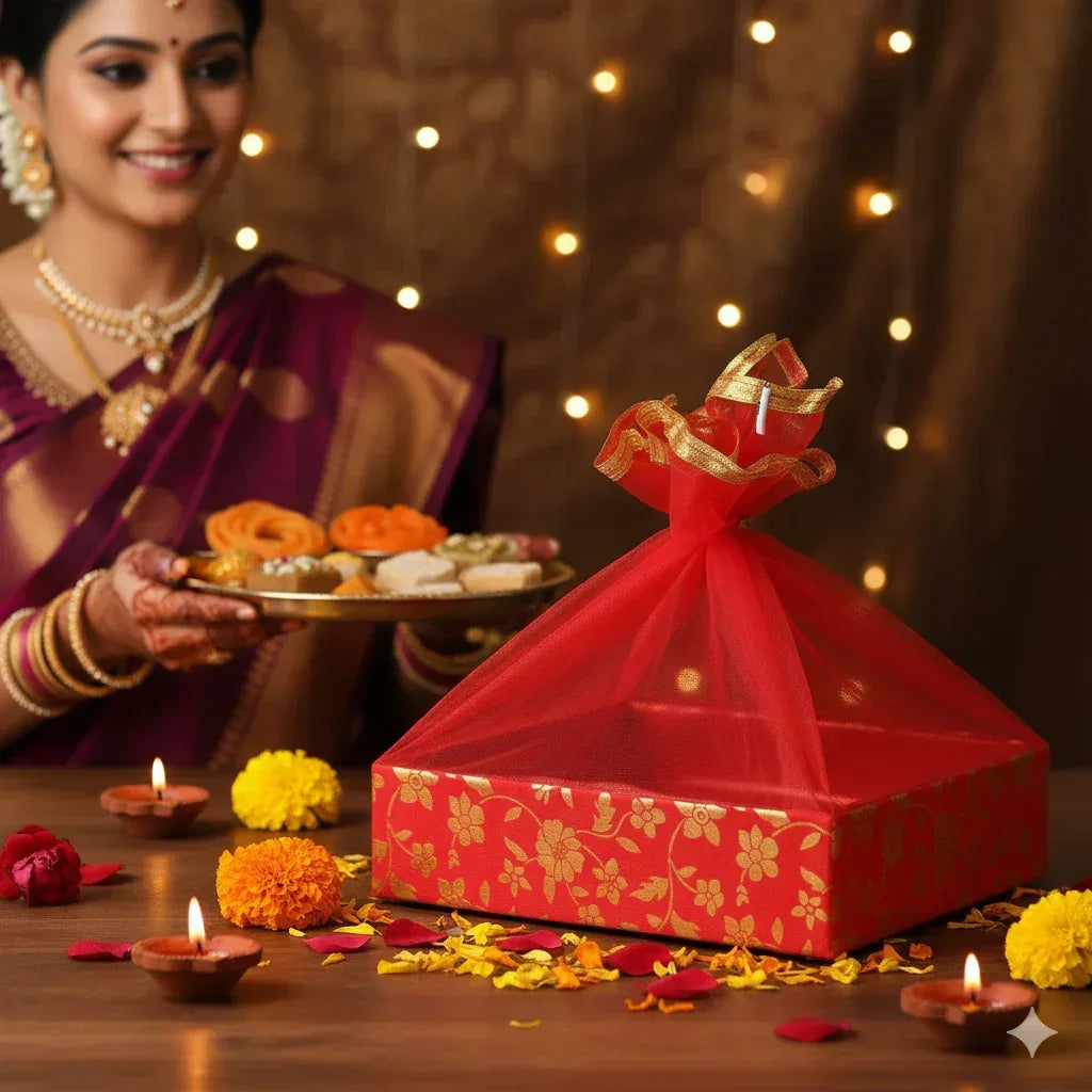 Floral Print Red Gift Hamper Basket | Grownex Packaging | Basket & Tray