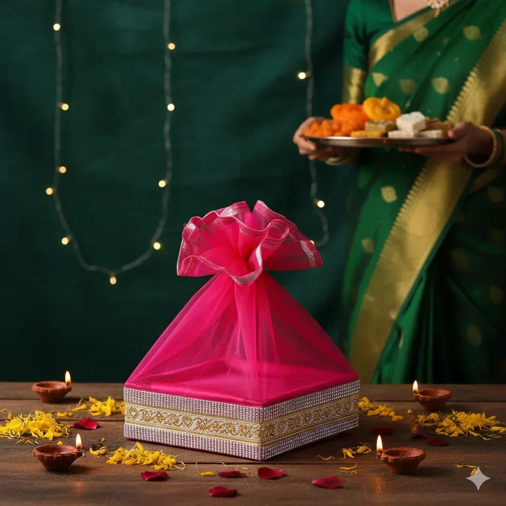 Rani Pink Color Decorated with Lace Gift Hamper Basket | Grownex Packaging | Basket & Tray