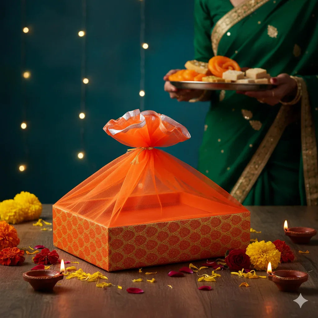 Floral Orange Wooden Basket For Festive Gifting | Grownex Packaging | Basket & Tray