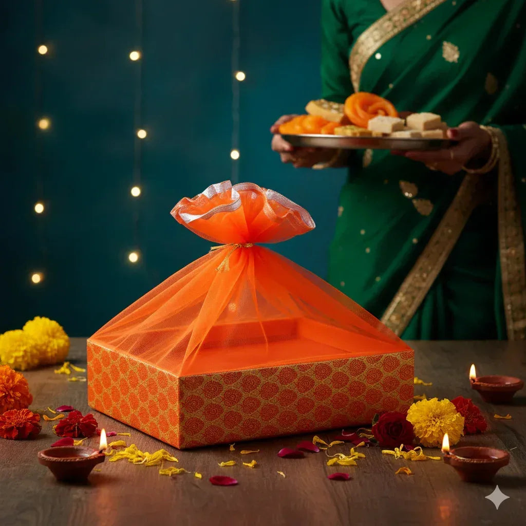 Floral Orange Wooden Basket For Festive Gifting | Grownex Packaging | Basket & Tray