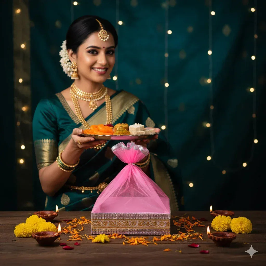 Baby Pink Decorated with Lace Gift Hamper Basket | Grownex Packaging | Basket & Tray