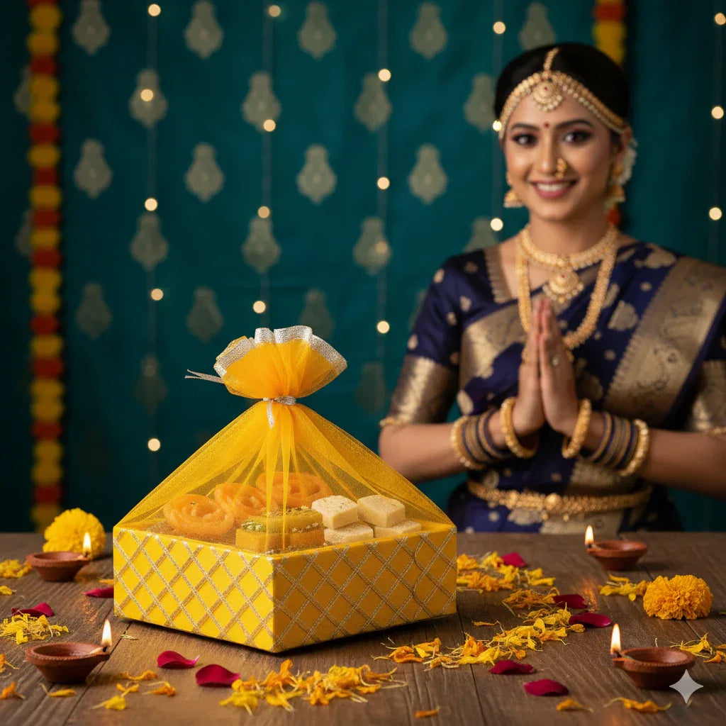 Traditional Fabric Square Lace Yellow Gift Hamper Basket For Festivals - Grownex Packaging