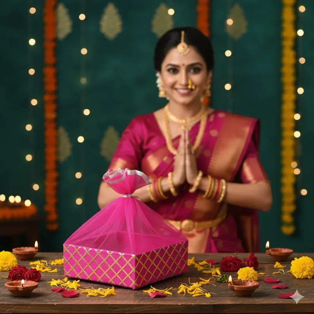 Decorated with Traditional Lace Rani Pink Wooden Basket | Grownex Packaging | Basket & Tray