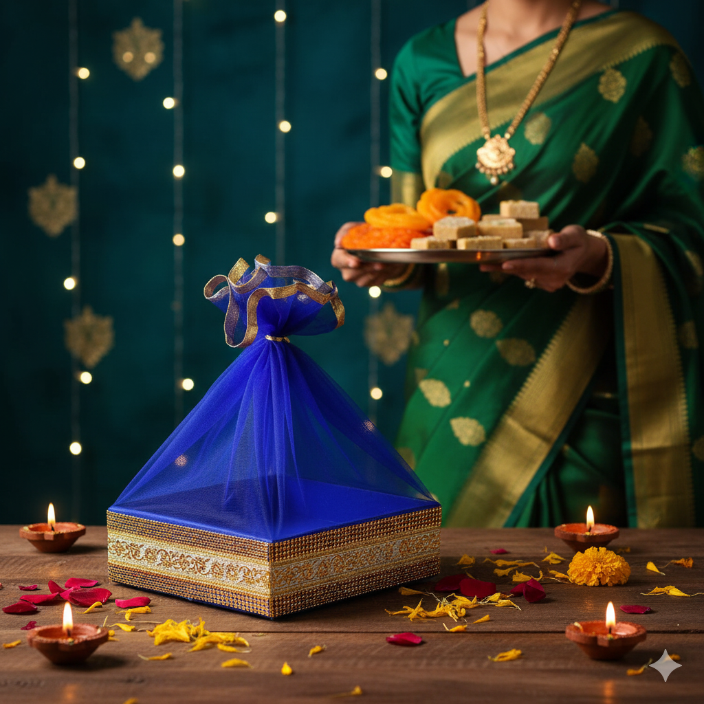 Royal Blue Color With Decorated Shinny Lace Festive Gift Hamper Basket | Grownex Packaging | Basket & Tray