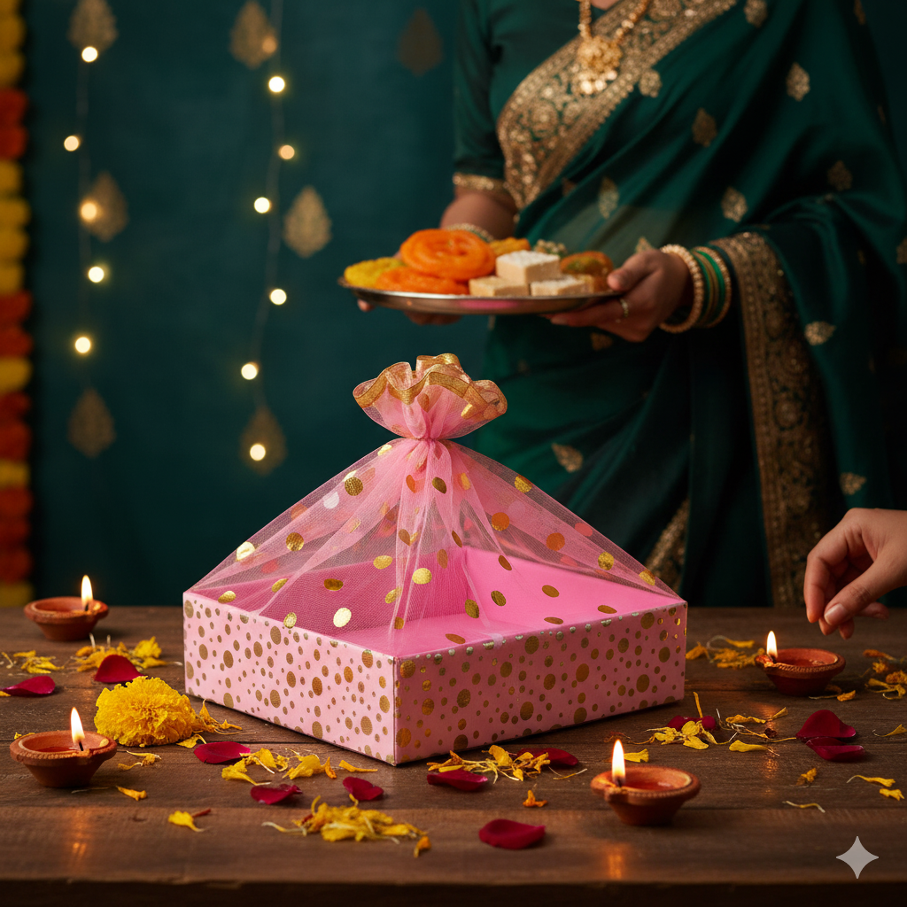 Polka Pink Wooden Basket For Festival Celebration | Grownex Packaging | Basket & Tray