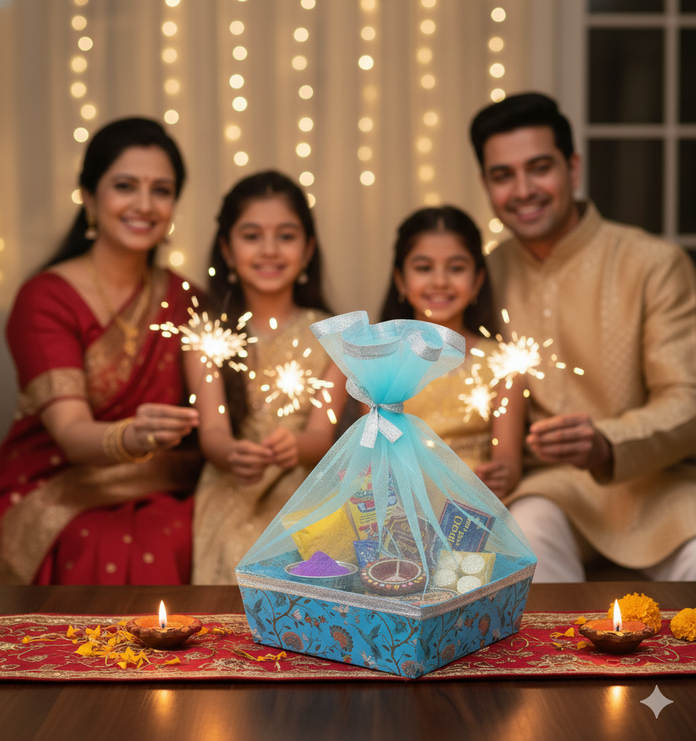 Blue Bird Print Cardboard Room Hamper Basket For Corporate Festive gifting | Grownex Packaging | Basket & Tray