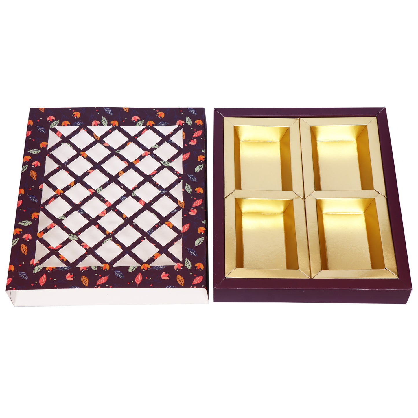 Purple Net-Pattern Dry Fruit Folding Box | Elegant 4-Compartment Gifting & Storage | Grownex Packaging | Dry Fruit Box