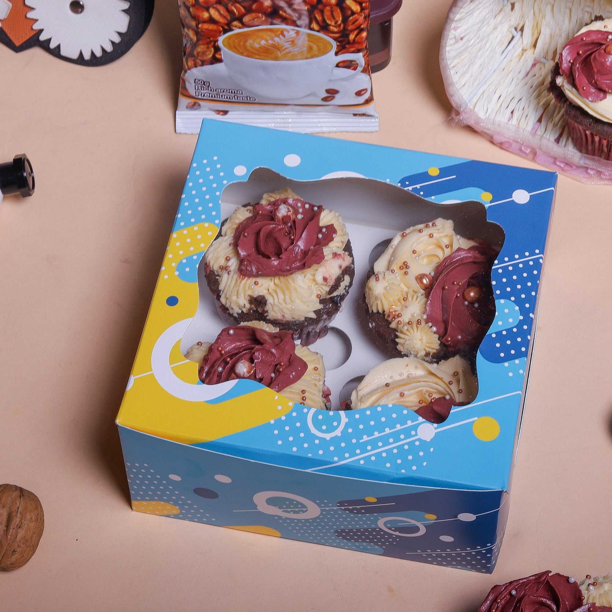 4 Pcs Cupcake Folding Box Blue | Grownex Packaging | Bakery Box