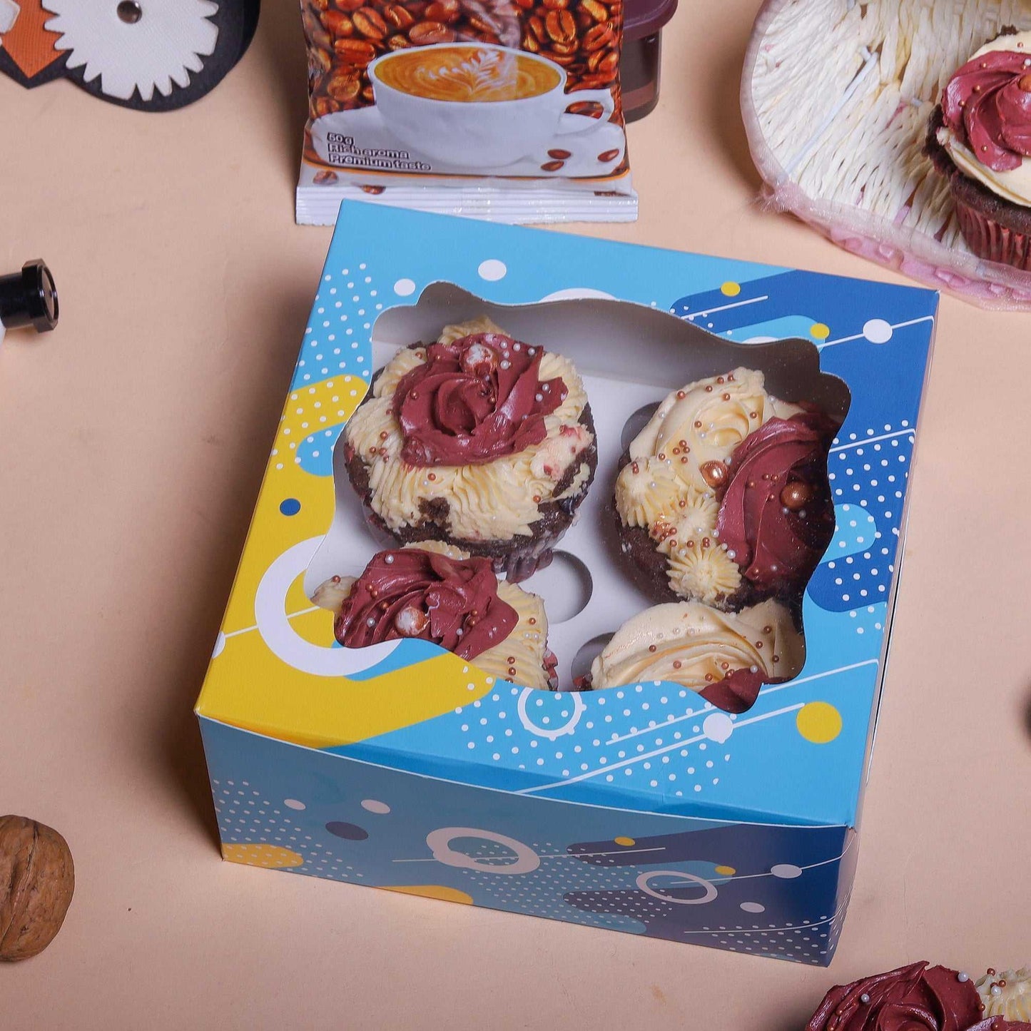 4 Pcs Cupcake Folding Box Blue | Grownex Packaging | Bakery Box
