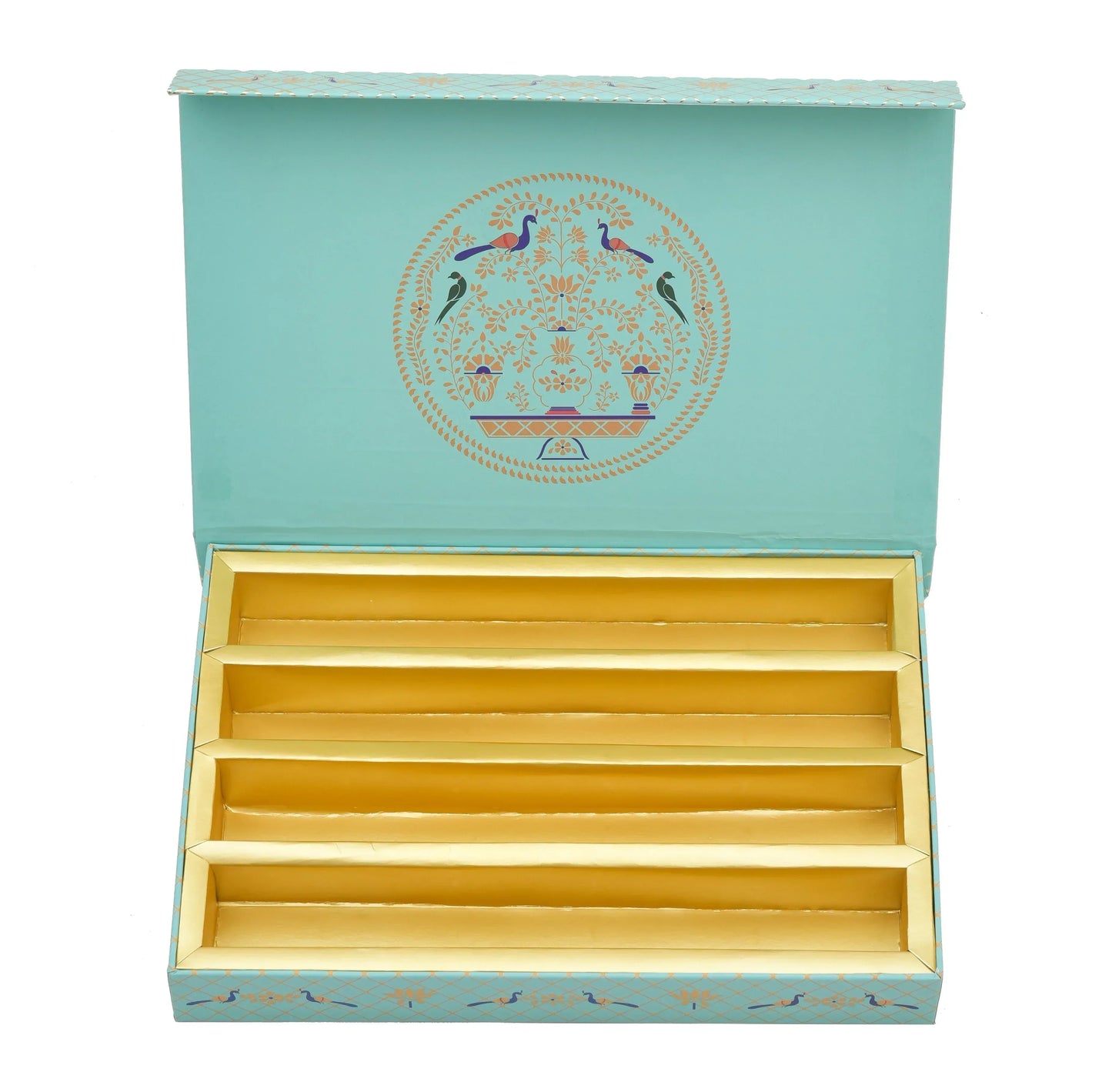 Sea Green Magnetic Foil Ganesh Chaturthi Sweet Gift Box - Open View | Grownex Packaging