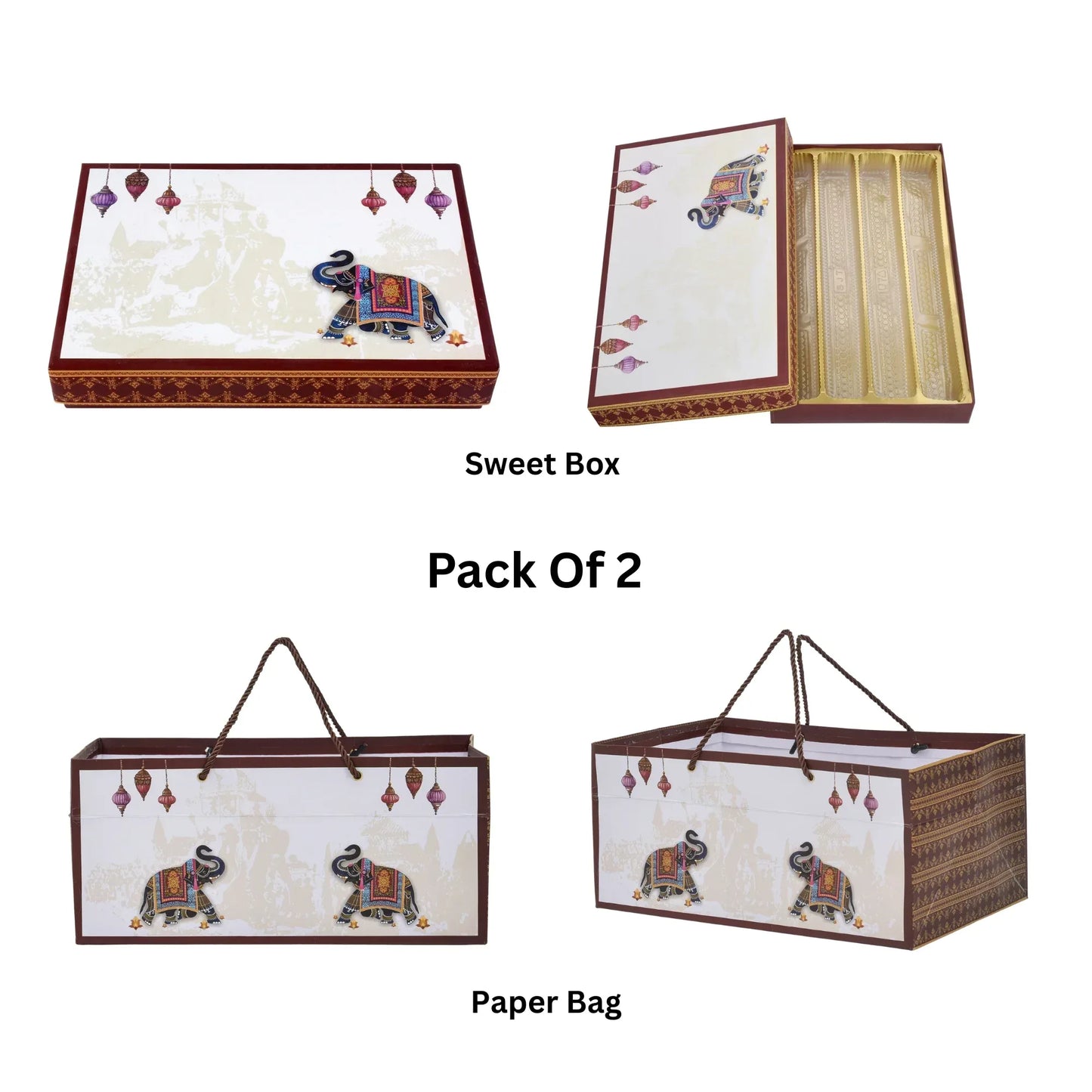 Premium Elephant Design Sweet Box & Paper Bag Combo - Pack of 2 | Festive & Wedding Return Gift | Grownex Packaging |