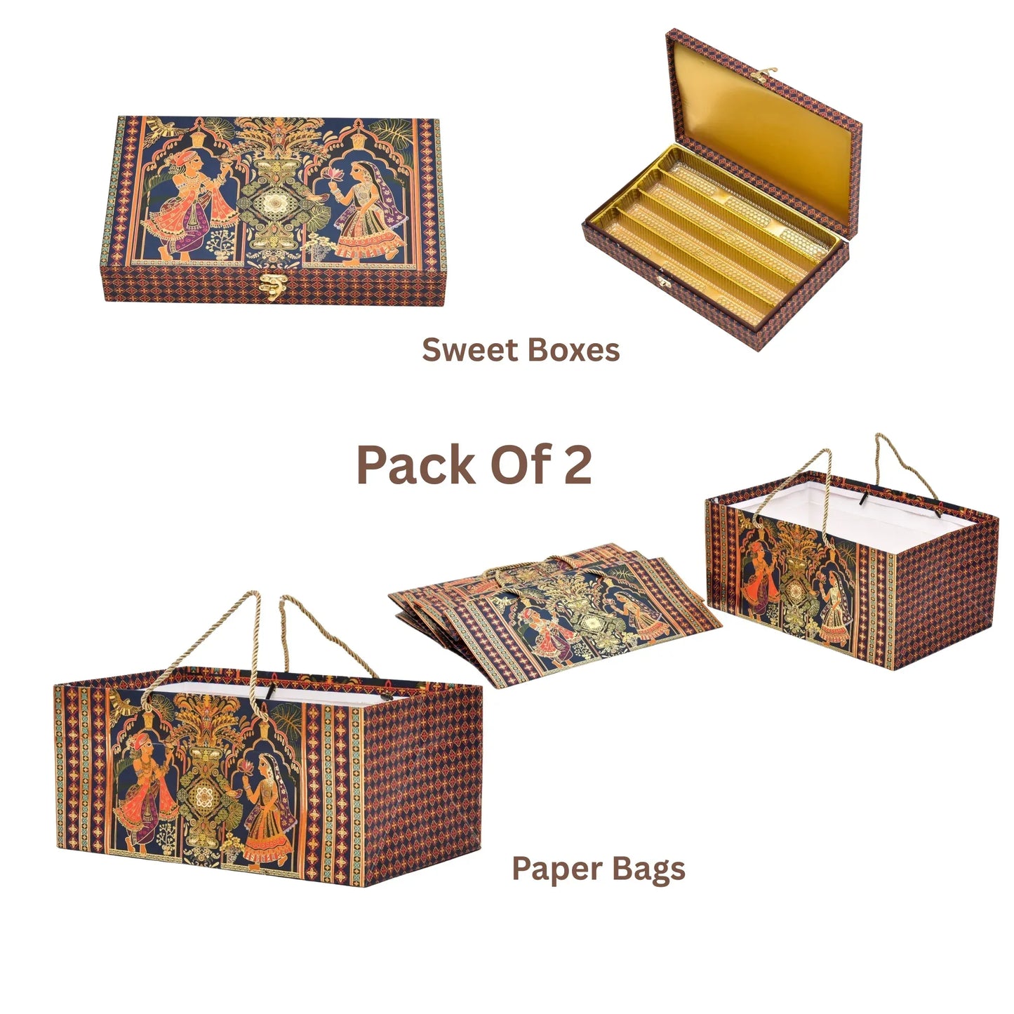 Radha Krishna Sweet Box and Paper Bag Combo | Pack of 2 | Grownex Packaging |