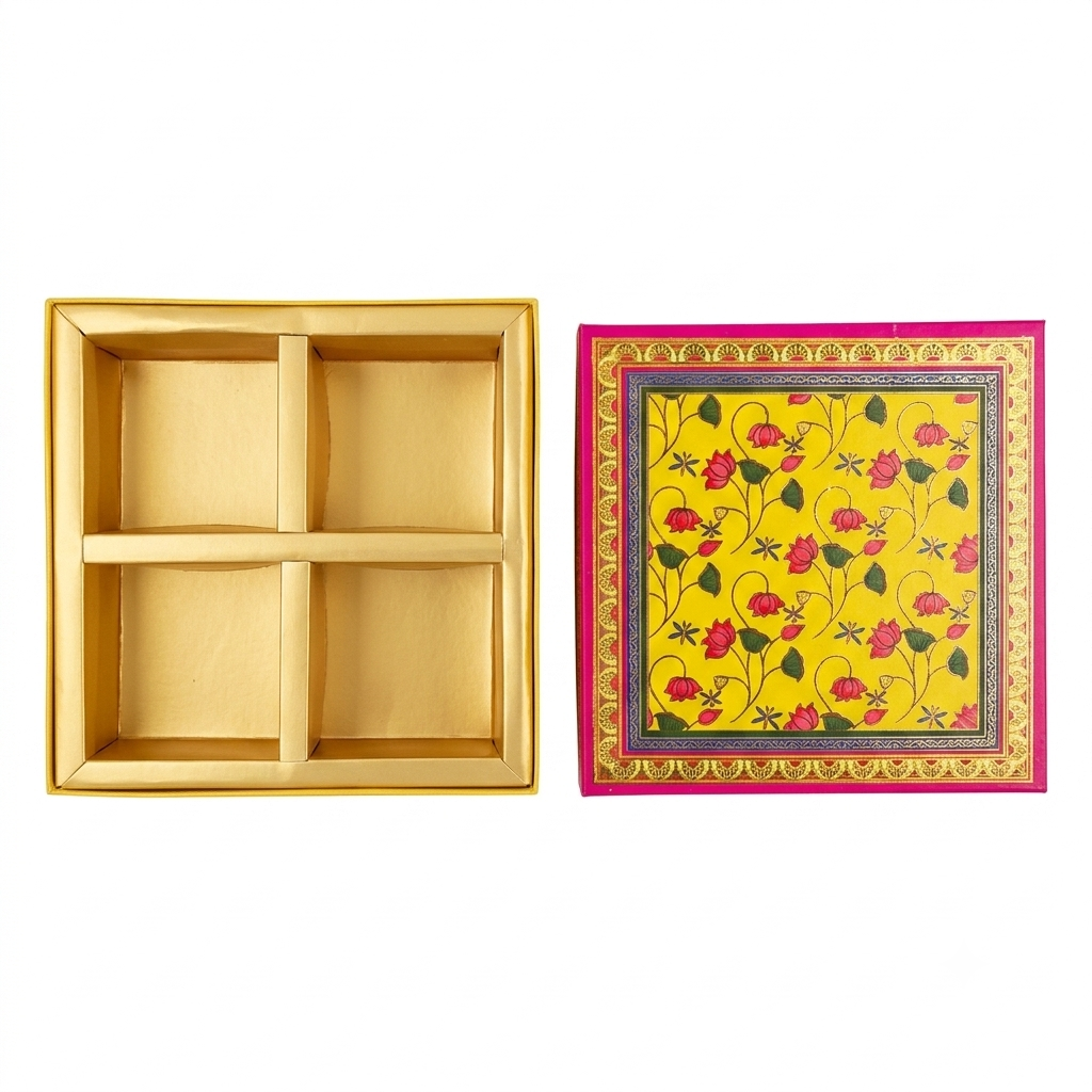 Peacock Floral Yellow Laddoo Box 4 Partitions
