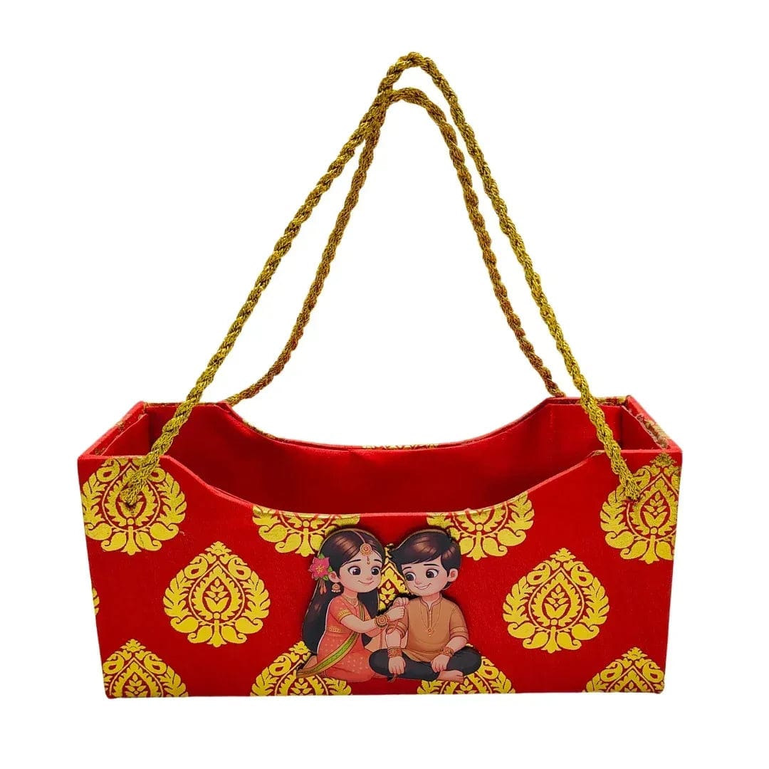 Wooden Handle Rakhi Gift Basket with Sibling Cutout | Raksha Bandhan Hamper Basket