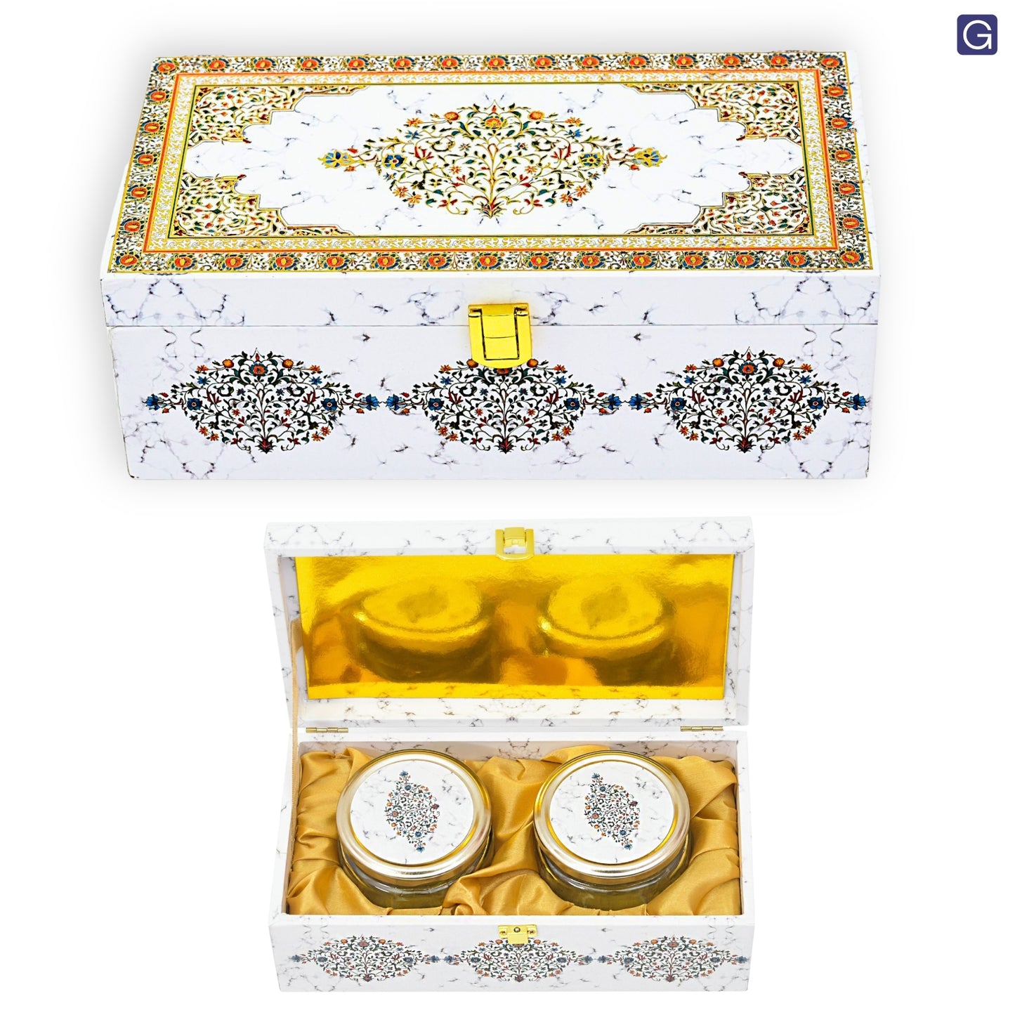 Festival Gift Packaging For Sweets and dry Fruits 2 Jar White Marble Wooden Gift Box | Grownex Packaging | wooden box