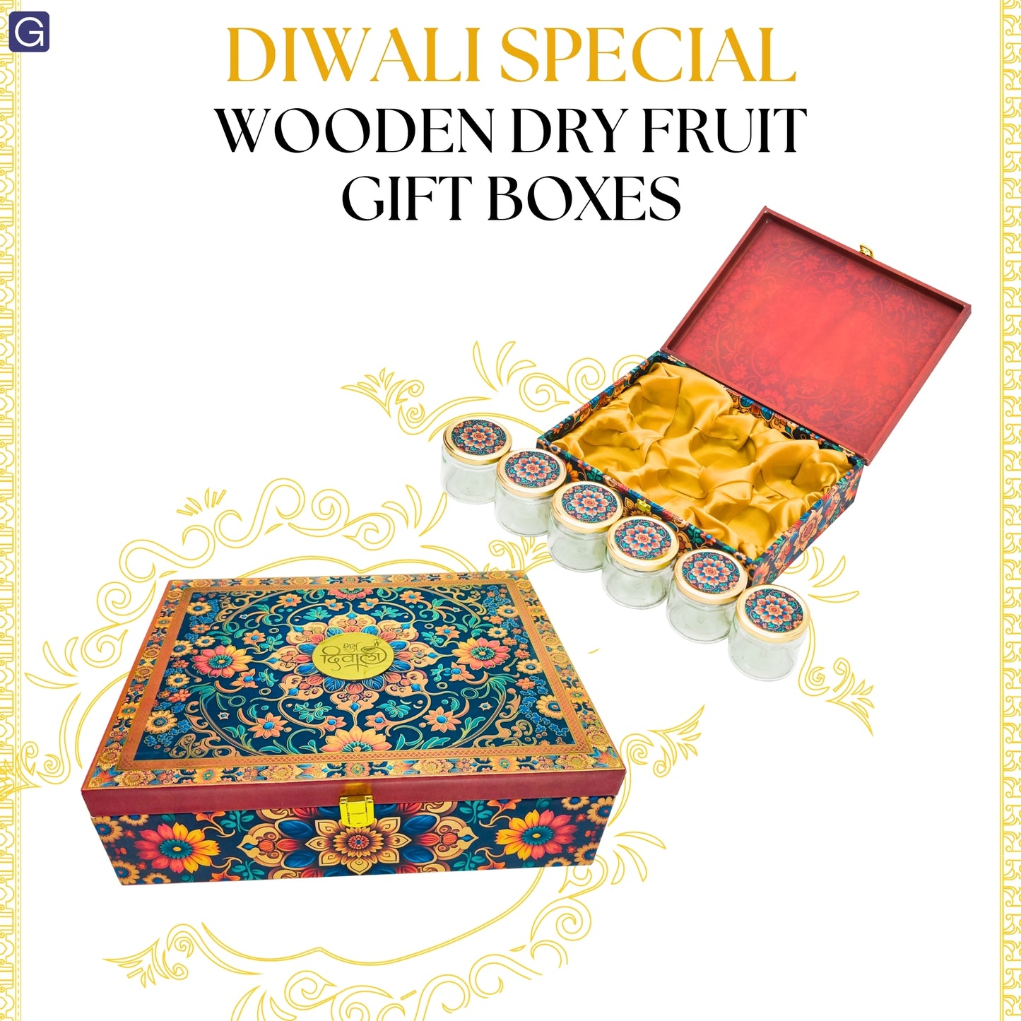 Luxury Shubh Diwali Floral Wooden Gift Box – 6 Jar Premium Dry Fruit & Sweet Hamper | Grownex Packaging | wooden box