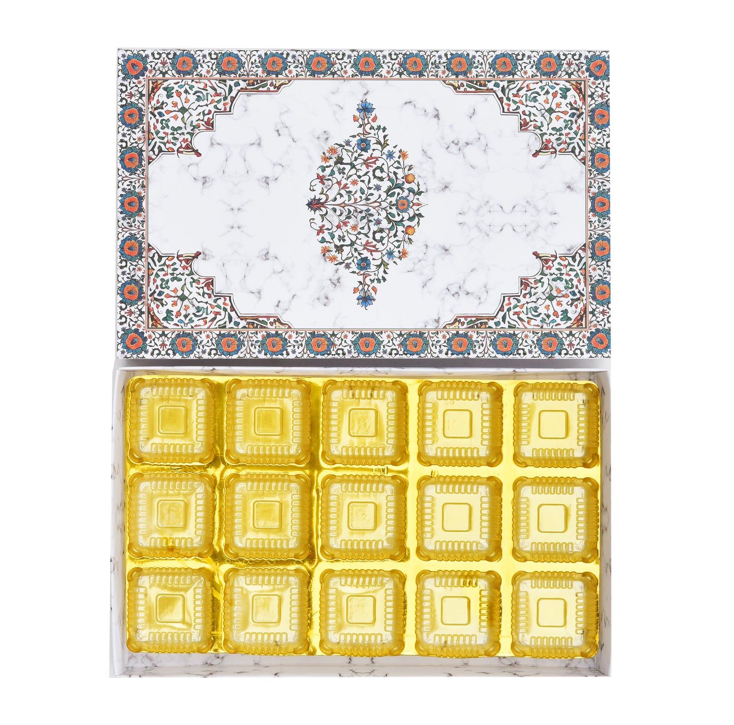15 Cavity Folding Chocolate Box For Raksha Bandhan - White Marble Horizontal | Grownex Packaging | Chocolate Box