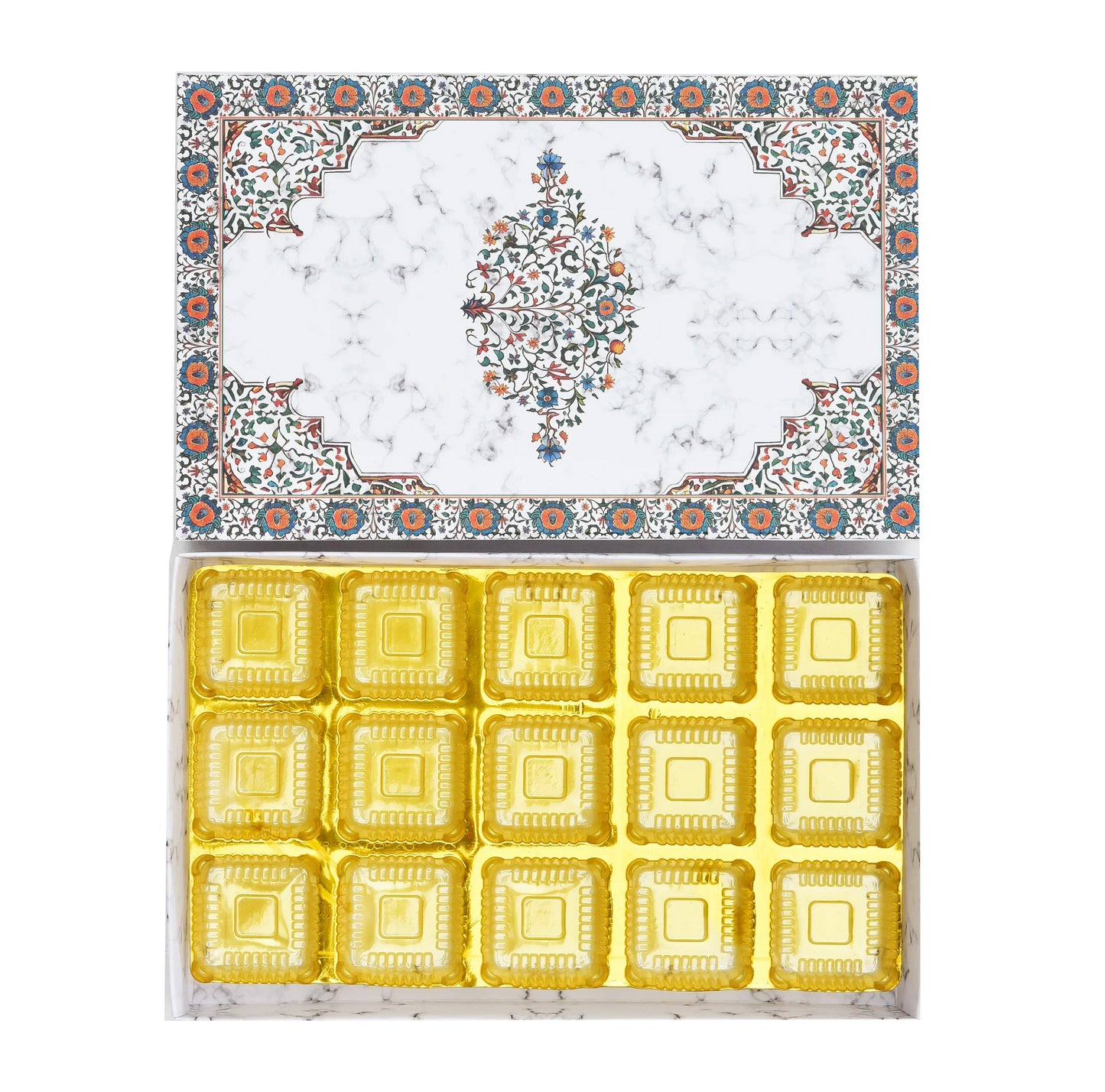 15 Cavity Folding Chocolate Box For Raksha Bandhan - White Marble Horizontal | Grownex Packaging | Chocolate Box