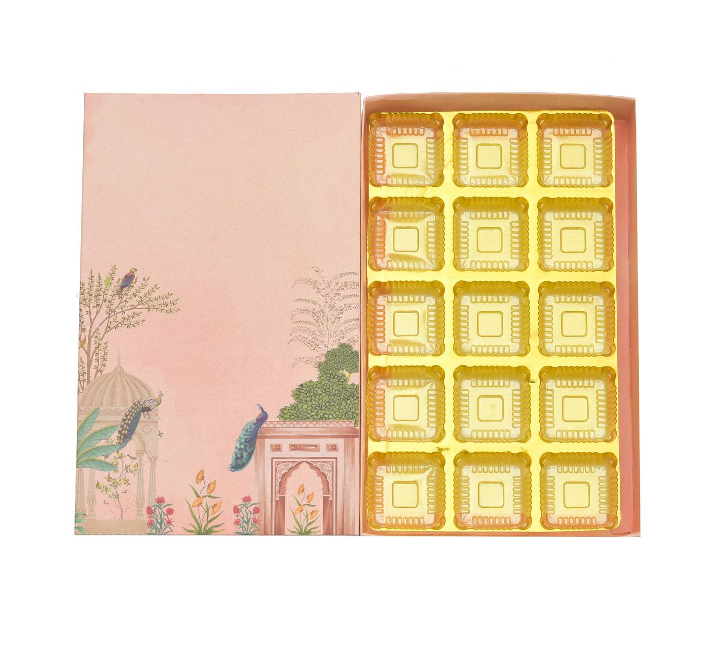 15 Cavity Folding Chocolate Box - Pink Peacock Vertical | Grownex Packaging | Chocolate Box