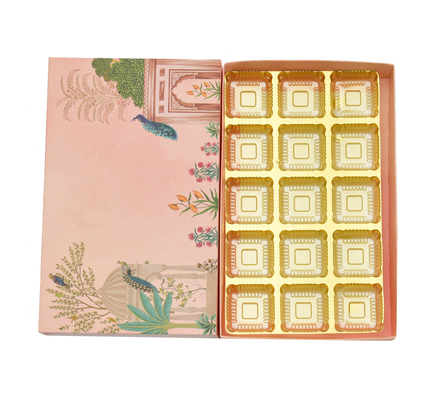 15 Cavity Folding Chocolate Box - Pink Peacock Horizontal | Grownex Packaging | Chocolate Box