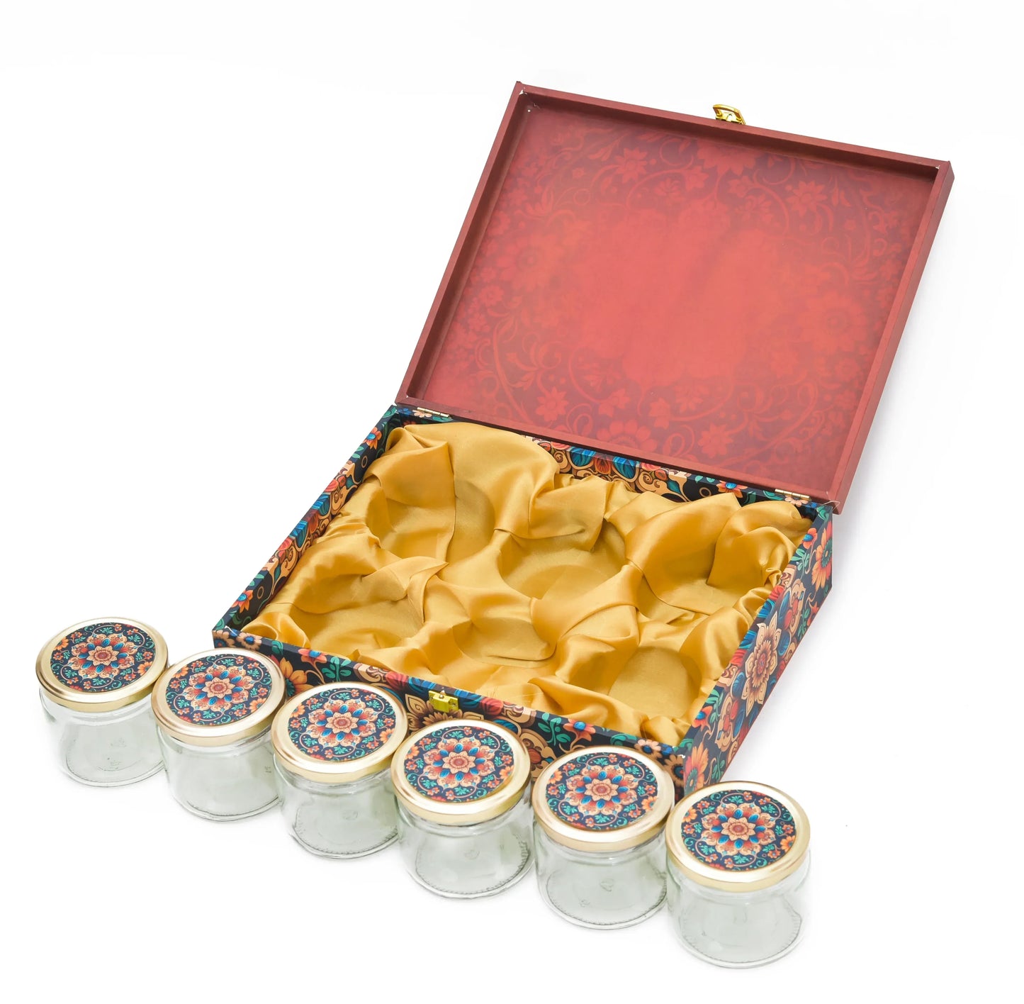 6 Jar Red Floral Foil Wooden Gift Box | Grownex Packaging | wooden box