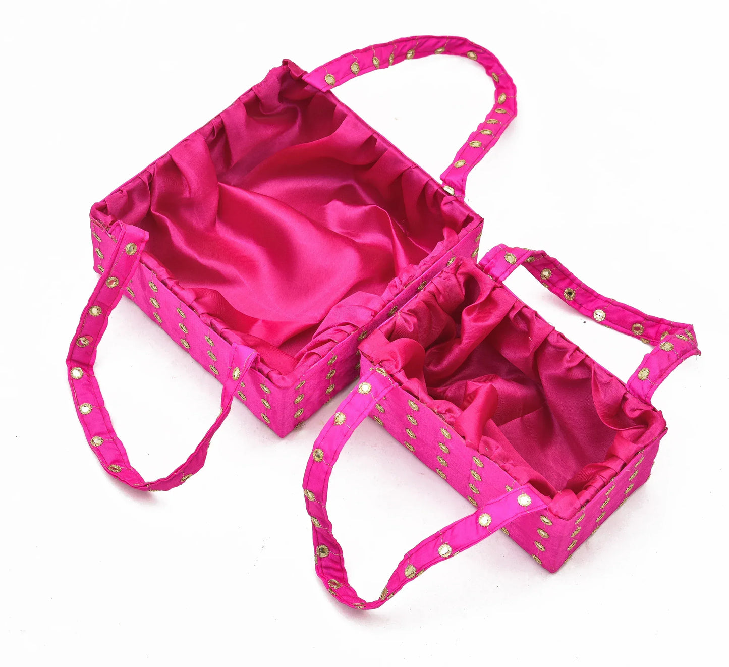 Pink Mirror Work Handle Basket | Handmade Decorative Gift & Storage Basket for Return Gifts, Weddings, Puja & Festive Décor | Grownex Packaging | Basket & Tray