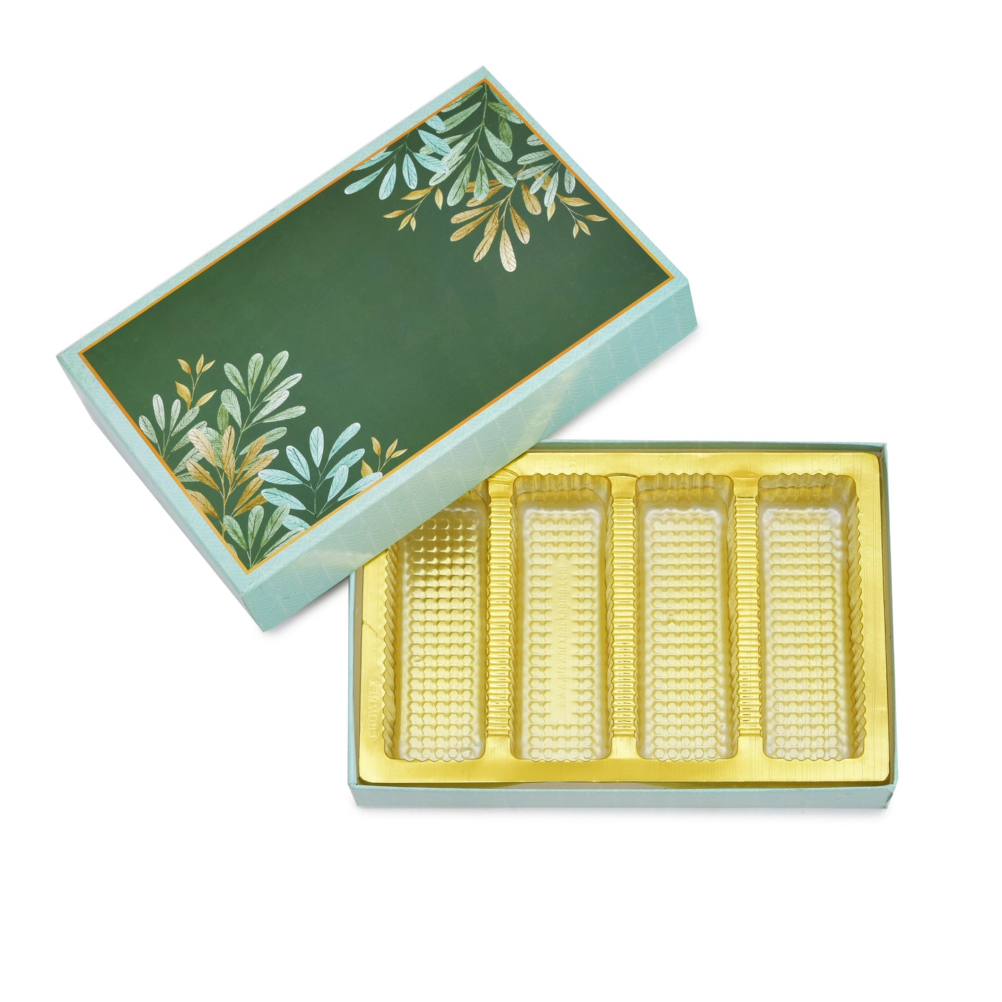500 gm Green Leaf Design 4 Line Partition Premium Sweet Packaging Festival Gift Box | Grownex Packaging | Sweet Box